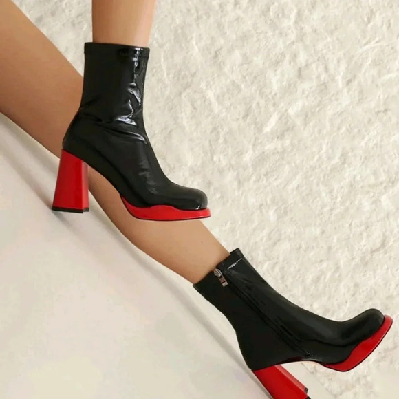 Boots Platform Chunky Block Heel Boots Prom Square Toe Side Zipper Mid Calf Boot - Picture 5 of 6
